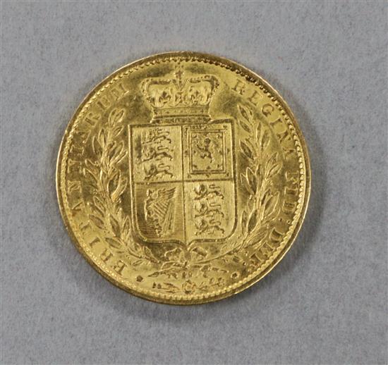 A Queen Victoria gold sovereign 1864, shield reverse, F